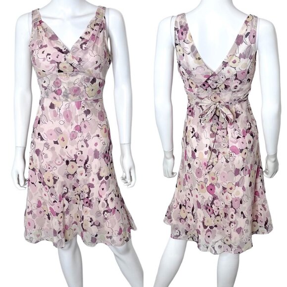 Express Vintage Silk Floral Print Tie Back Knee Length Dress in Purple Pink Sz 2 - Picture 1 of 16